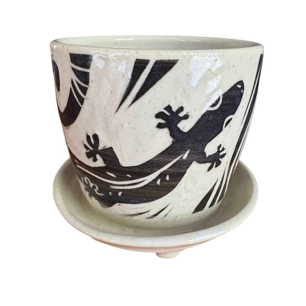 Gecko Studio Art Pottery Planter Saucer Jean Smaglik Wells Brown Ivory 6x6"
